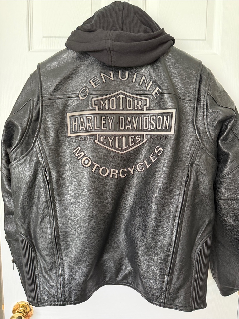 Harley-Davidson Black Leather Bomber Jacket with Removable Hoodie vest